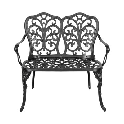 Banc de jardin en fonte d'aluminium, causeuse d'extérieur pour 2 personnes avec accoudoirs, banc en métal noir avec dossier à volutes papillon, banc de porche résistant aux intempéries pour la cour, la pelouse, la terrasse et le balcon