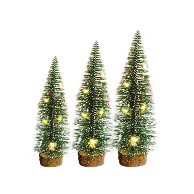 Christmas Decorations 3Pcs Mini Christmas Trees with Wooden Base Artificial Christmas Trees for Village Tabletop Home Room Party Crafts Christmas Decor Indoor with Light