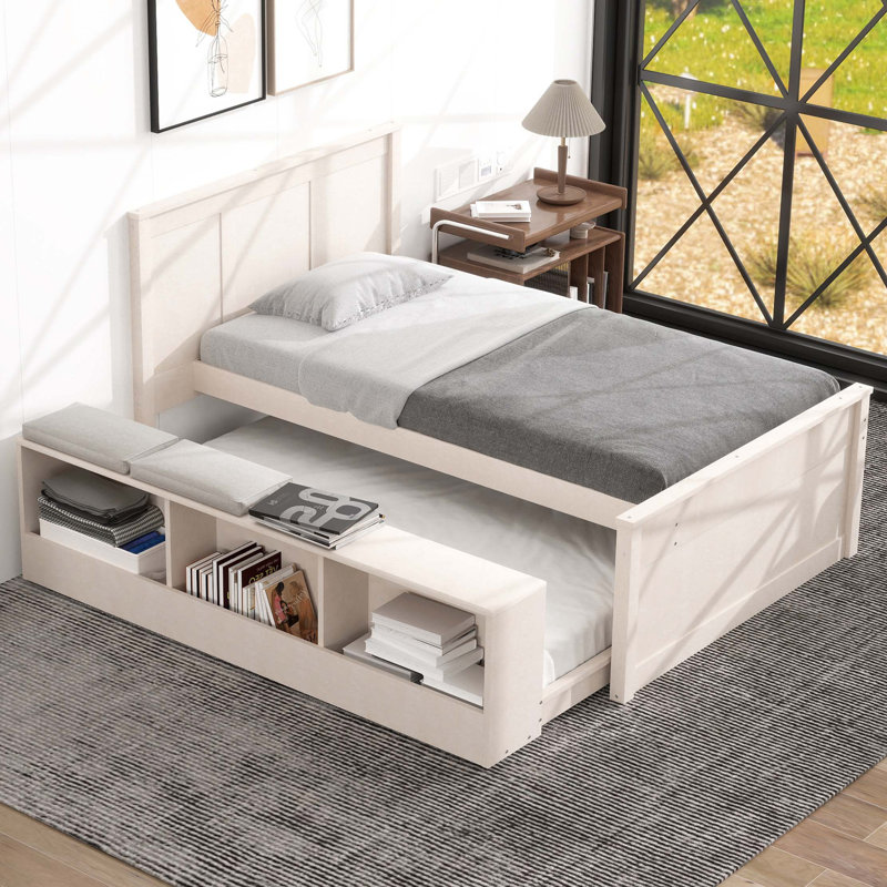 Lit plateforme convertible en bois avec rangement intégré, Cream White