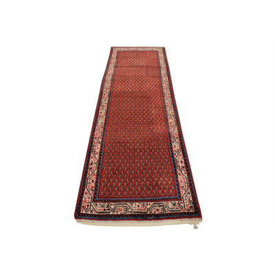 Tapis rouge rétro en laine noué à la main 3 pi 7 po x 9 pi 10 po Tribal Vintage