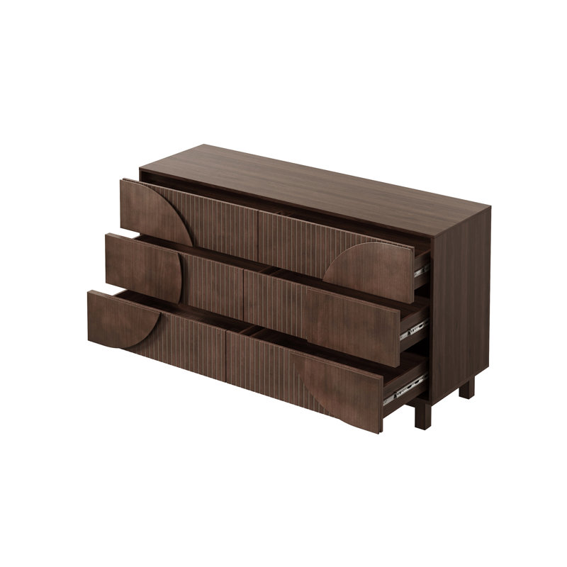 Commode cannelée à 6 tiroirs, meuble télé avec pieds en bois massif pour chambre à coucher, salon, Marron foncé