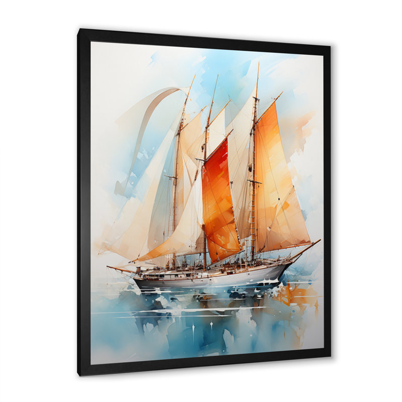 Voilier aquarelle et voiles - Décoration murale nautique et plage, Cadre photo noir, L 12 po x H 20 po