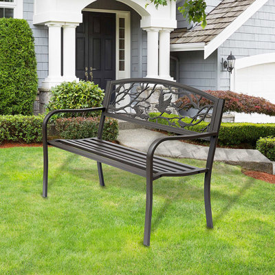 50" Bench For Patio. Cast Steel Metal, With Animal Pattern Decoration. For Yard, Lawn, Porch. Rustic, Ergonomic, Brown Metal Bench, 50". Outdoor Patio, Porch Furniture. Rustic Style, Ergonomic Seat,
