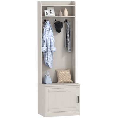 Narrow Hall Tree With Shoe Storage Bench, Rustic Entryway Bench With Coat Rack, Accent Coat Tree With Storage Shelves For Hallway, Mudroom, White Wood