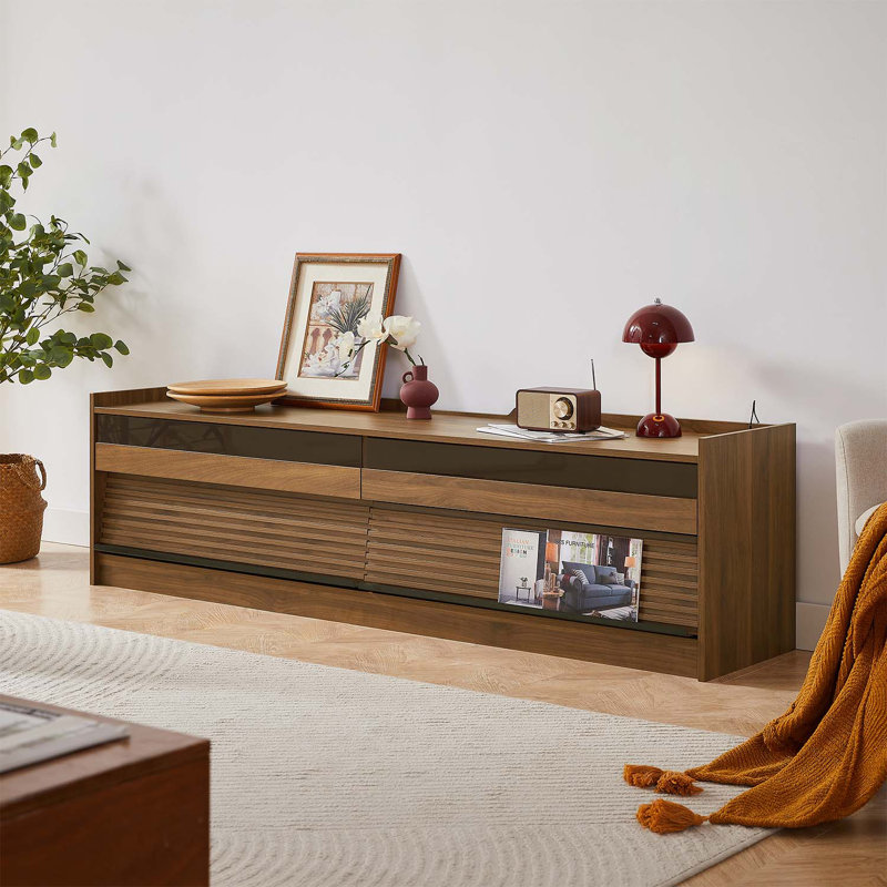 Console 4 tiroirs avec verre trempé, Noyer