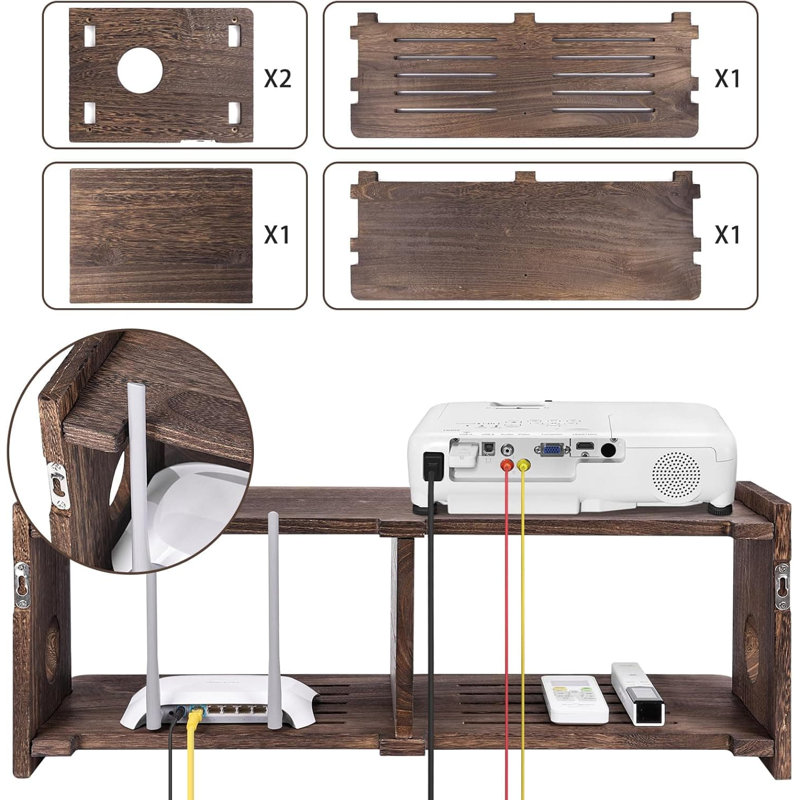 Media Console Shelf For Router, Modem, Game Console And Cable Management | Large Wooden Wall Mount Organizer With Cable Holes For Playstation, Xbox, Projector And Wifi Equipment