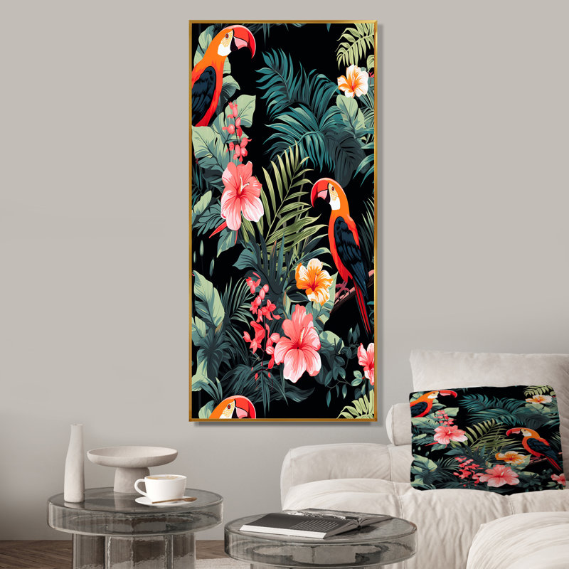 Perroquets roses et plantes tropicales I - art mural perroquet, Black Picture Framed, 32" H x 24" W