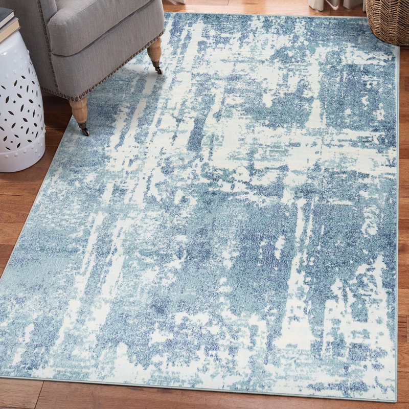 Blue Abstract Washable 8' x 10' Synthetic Area Rug