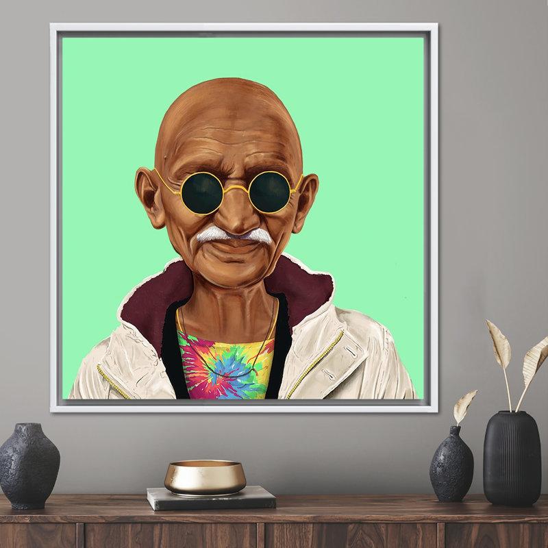 «Mahatma Gandhi», art mural graffiti, Reproduction encadrée sans passe-partout, Blanc, H 57 po x l 57 po
