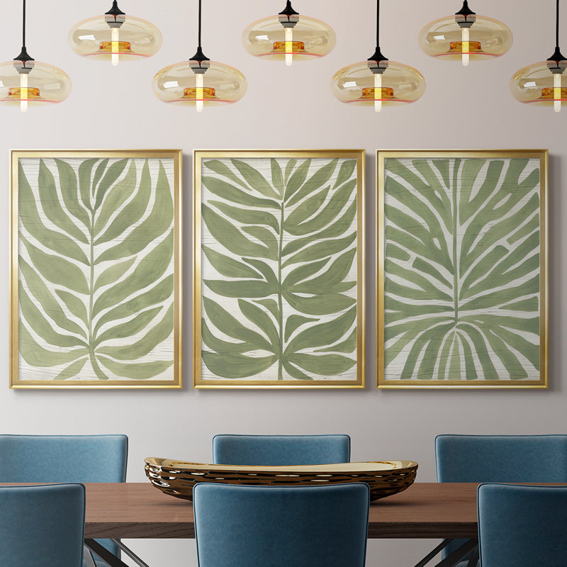 Driftwood Palm Leaf I - Toile tendue avec châssis sur mesure - 3 pièces, H 27 po x l 57 po, Doré