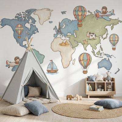 Papier peint carte du monde amovible montgolfière