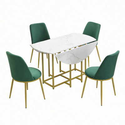 Space-Saving 5-Piece Extendable Kitchen Dining Table Set for Small Spaces - Round Faux Marble Top with Golden Frame, 4 Upholstered Chairs, Compact Fol -  Latitude Run®, 765534C6B44E4DFBA82F641416589940