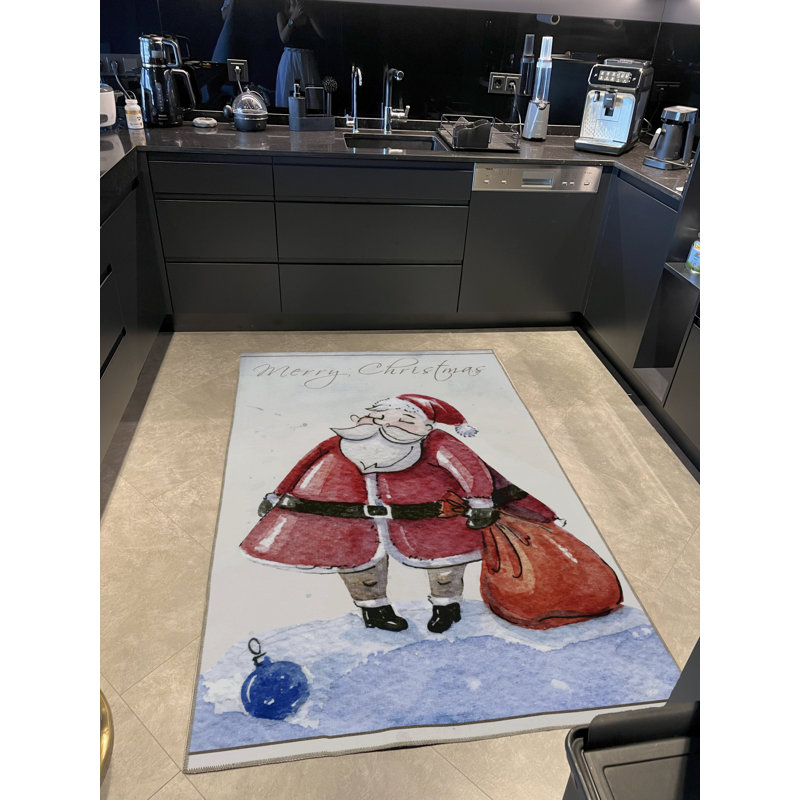 Tapis décoratif moderne à motif de père Noël bleu et beige, Rectangle 5 pi 1,02 po x 7 pi 6,55 po