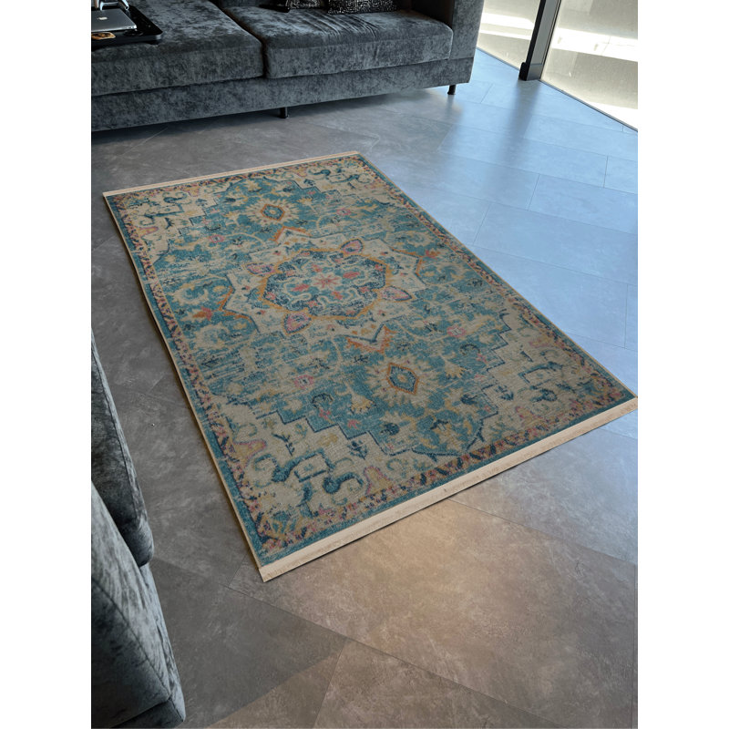 Tapis décoratif rétro multicolore à motif bleu, Tapis de couloir 3 pi 3,37 po x 9 pi 10,11 po