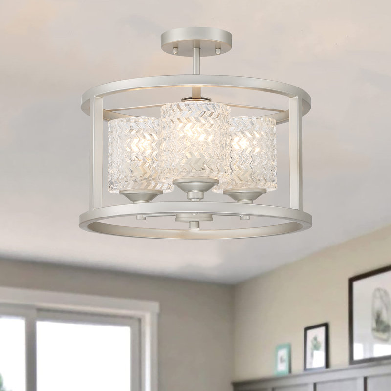 Maroney 3 - Light Kitchen Glass Steel Dimmable Flush Mount Ceiling Light Chandelier, Nickel Dust