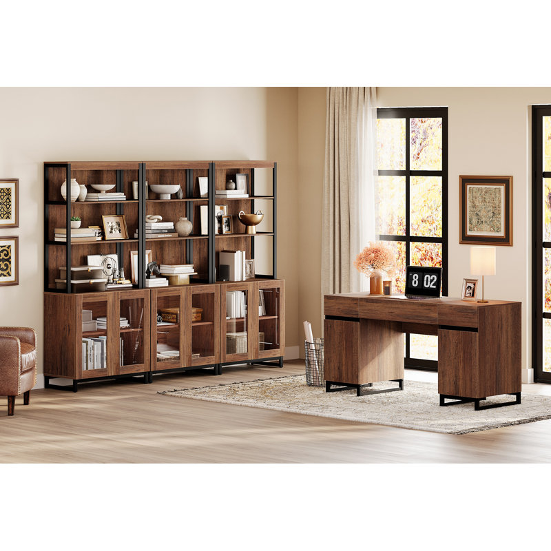 WAMPAT Home Office Furniture Set: 59" Executive Desk With Charging Station And Storage Cabinet, Three 72" Tall Bookcases, Modern Computer Desk And Library Shelf For Work Study