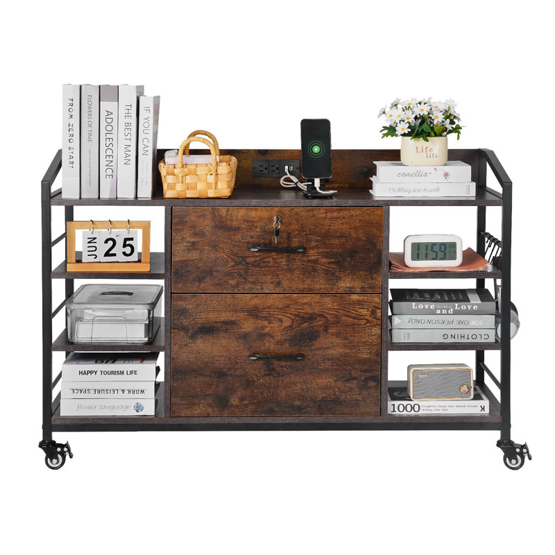 2 Drawers Metal File Cabinet with 6 Open Shelves and Power Strip Brown, Brown