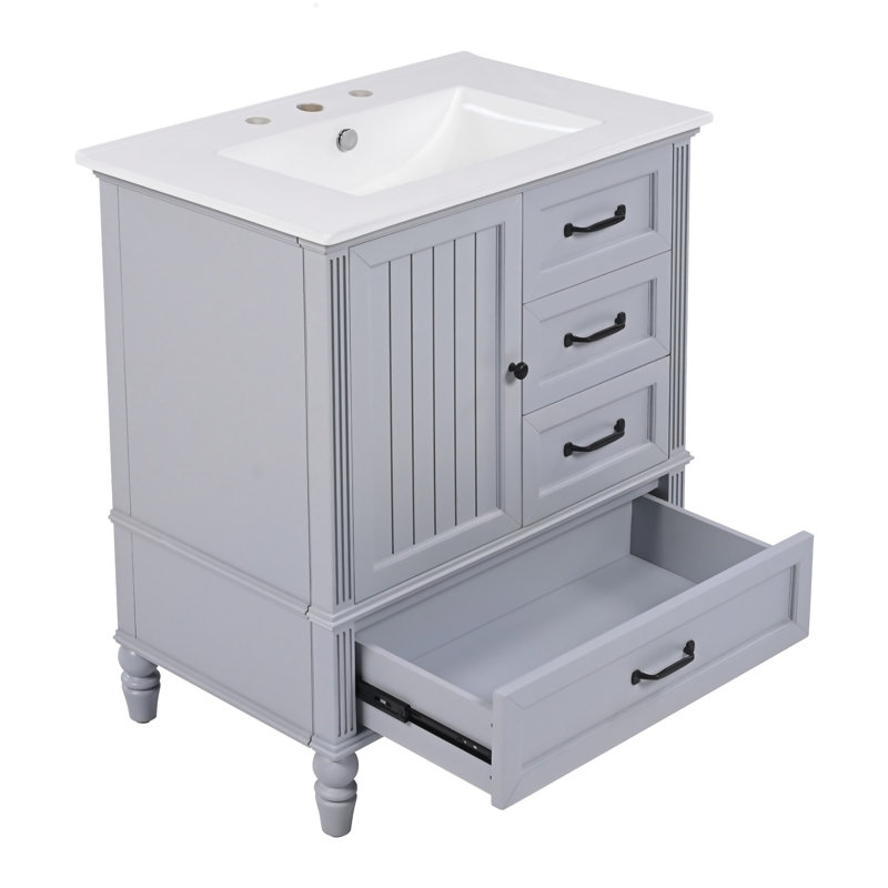 Bathroom Vanity With Sink, Bathroom Cabinet With Door & Drawers, Solid Wood Legs & Mdf Board, Adiustable Foot Pads, Grey