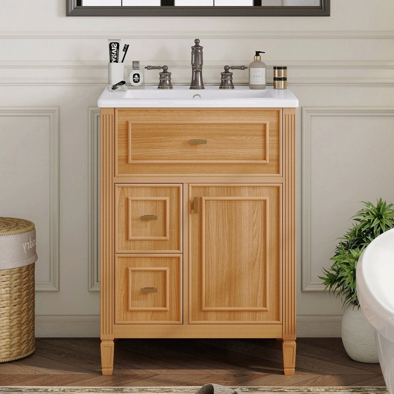 Meuble-lavabo 24 po avec lavabo, meuble-lavabo avec un tiroir rabattable et deux tiroirs, tablette réglable, Brun
