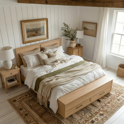 Lit en bois avec rangement à 4 tiroirs et banc, base de lit plateforme géométrique