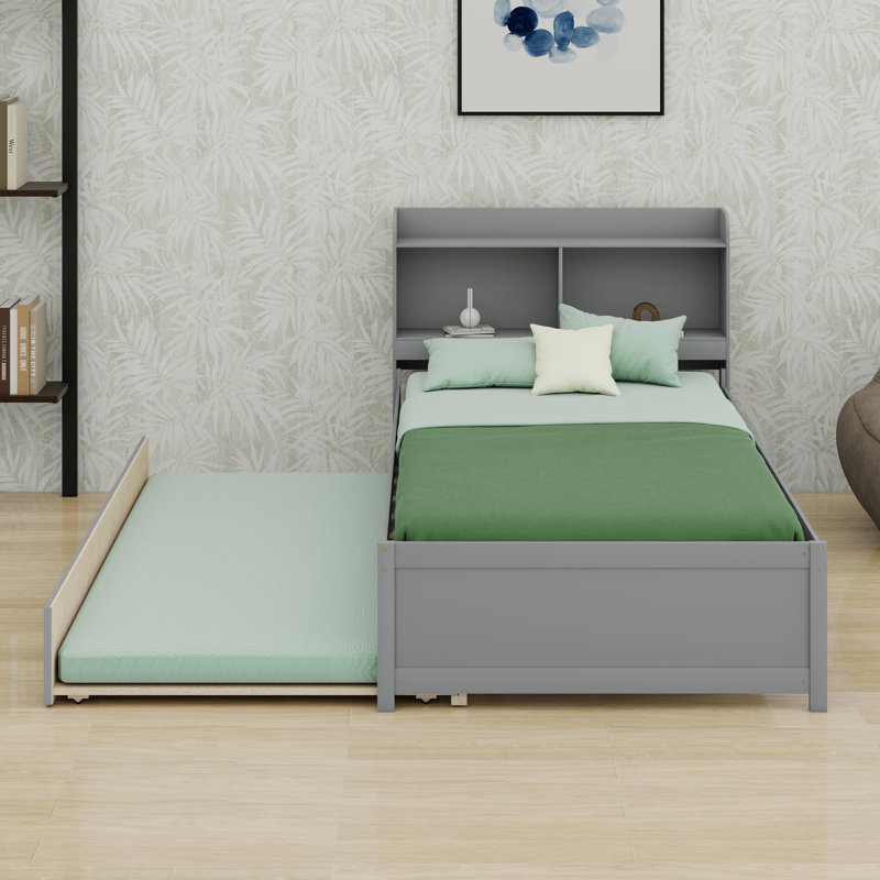 Contemporary Bed With Trundle And Bookcase, Queen, Gray