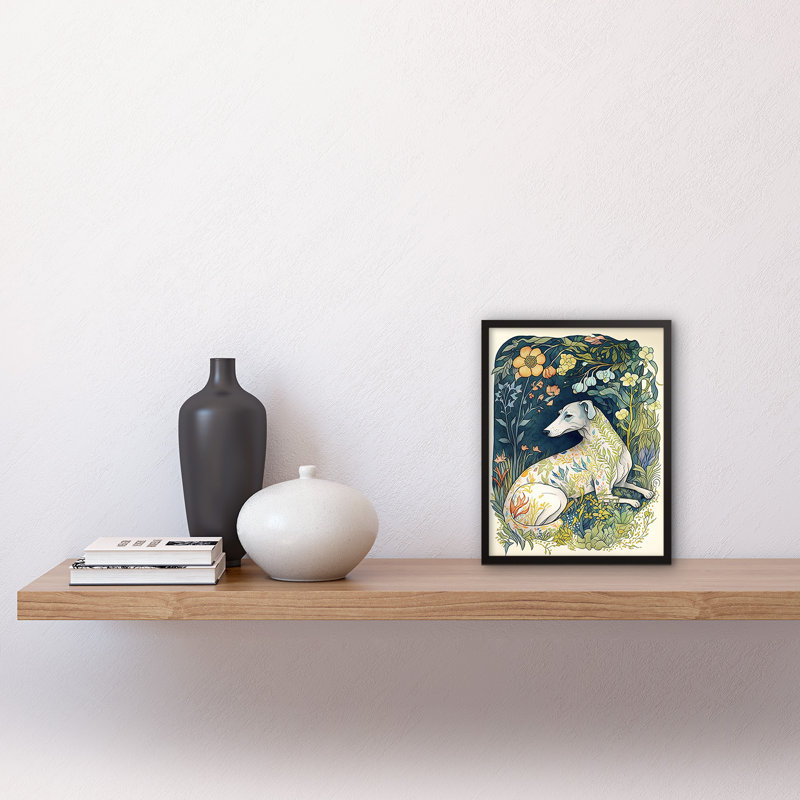 White Greyhound Dog With Floral Pattern Fur Coat Lying In Flower Field Modern - Single Picture Frame Print