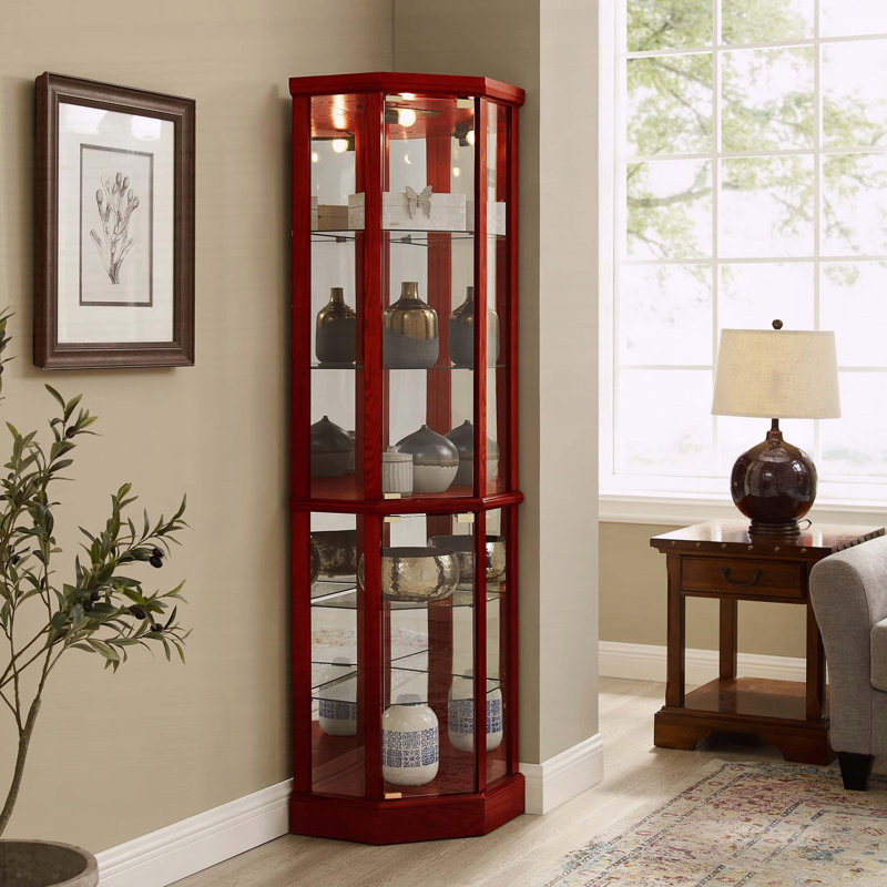 Vitrine de coin lumineuse à 6 tablettes avec tablettes en verre trempé, Cerisier