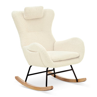 Rocking Chair Nursery, Teddy Upholstered Rocker Glider Chair With High Backrest, Adjustable Headrest & Pocket, Comfy Glider Chair For Bedroom, Living by George Oliver