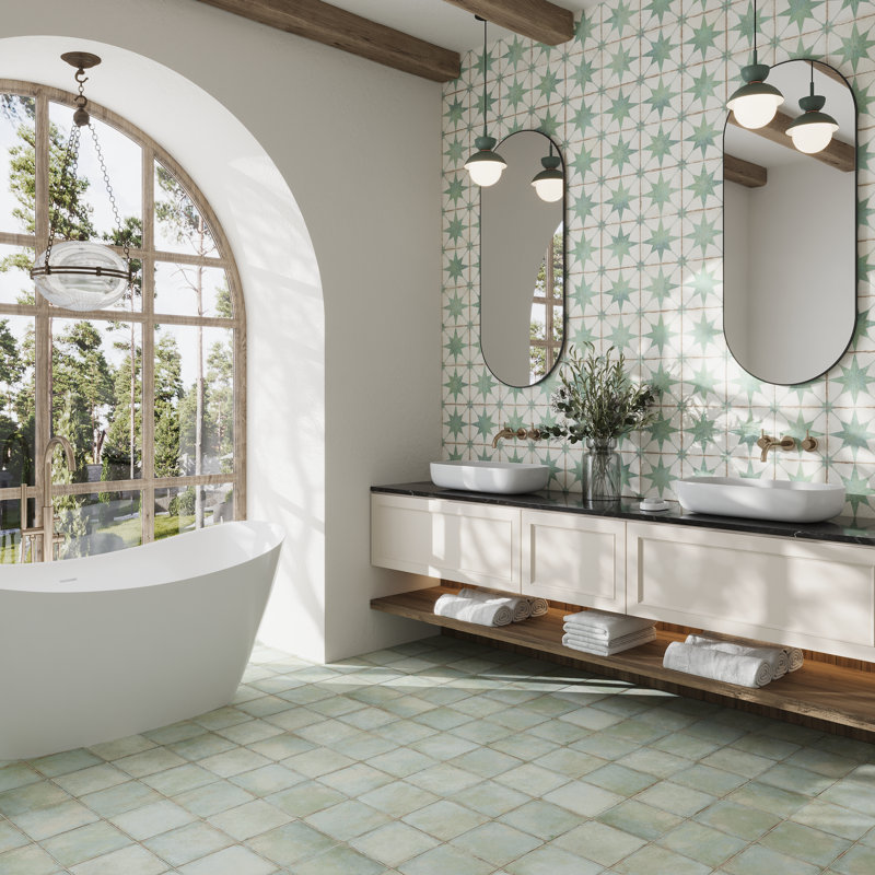Faenza 8x8 White, Dusty Sage Green Porcelain Square Motif Wall and Floor Tile (6.46 sq ft/case) - 15 Pack, Green/White