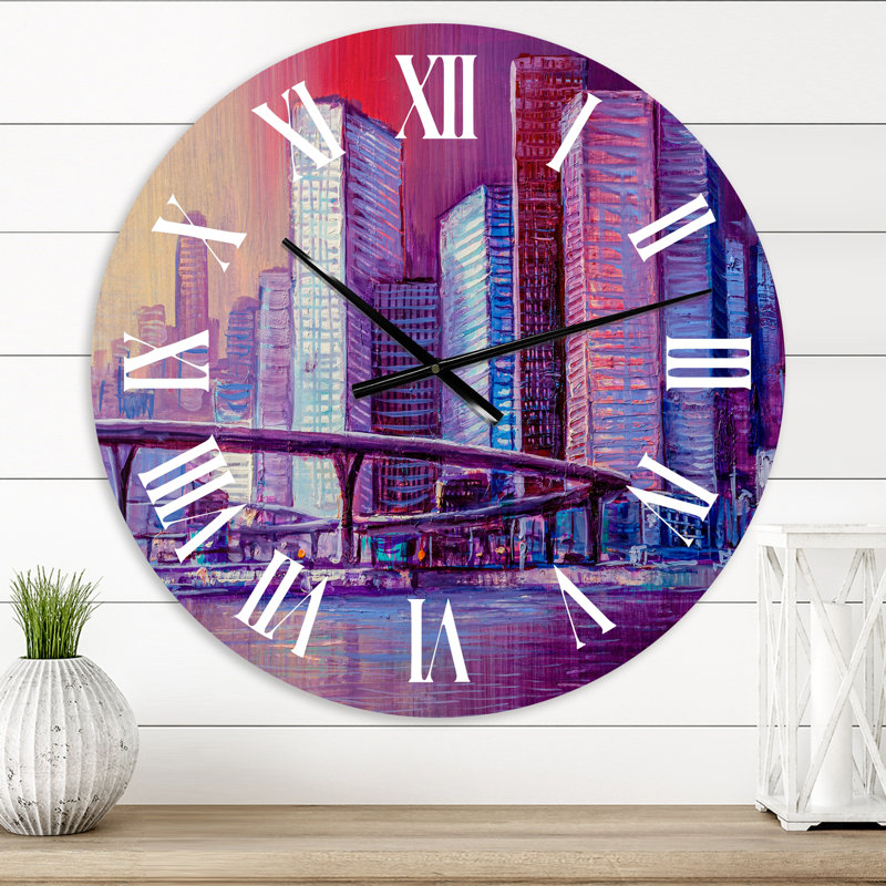 Horloge murale moderne paysage urbain futuriste en mauve, Petit