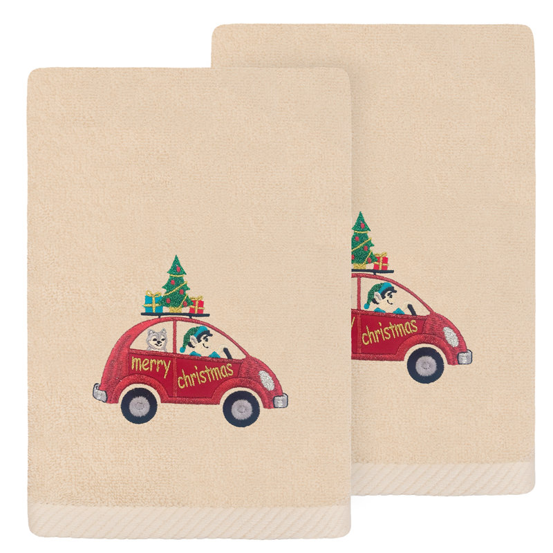 The Holiday Aisle® Christmas Car - Embroidered Luxury 100% Turkish Cotton Hand Towels (Set Of 2), Sand
