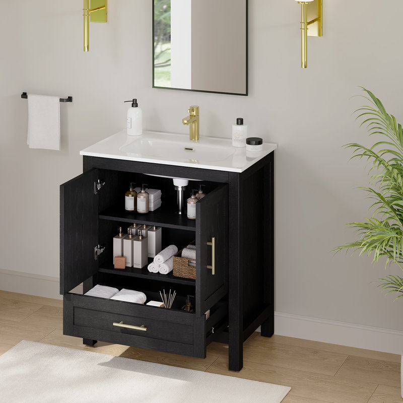 Meuble-lavabo autoportant simple 30 po avec lavabo en céramique Lumina, noir, contreplaqué de bois franc, portes à fermeture en douceur et rangement réglable intérieur