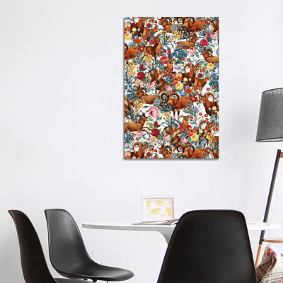 Capra Cylindricornis and Floral Pattern 1 Piece Wrapped Canvas Wall Art