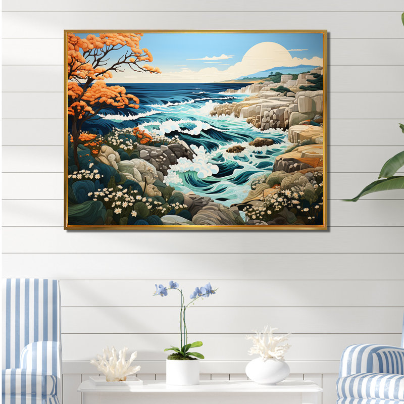 Paysage de plage sauvage III sur toile, Cadre flottant doré, H 16 po x l 32 po x P 1 po