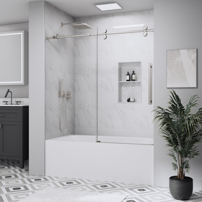 56"- 60" W x 58"H Single Sliding Frameless Tub Door, Sliding Door with 1/4" (6mm) Tempered Glass, Easy-Clean Nano Coating for Bathtub, Smooth Quiet Glide, Brushed Nickel
