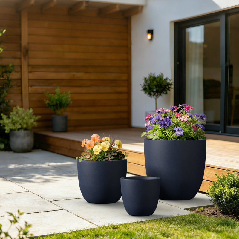3-Piece Round Concrete Indoor/Outdoor Pot Planter Set, Granite, 17" H x 18" W x 18" D
