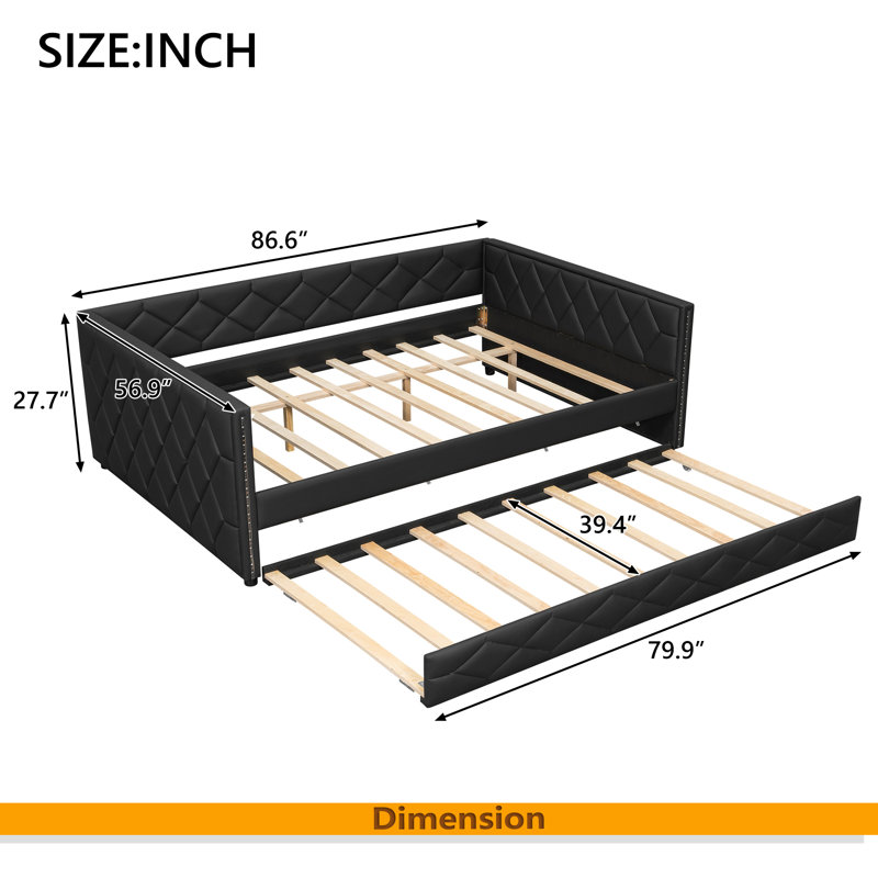 Full XL Size Upholstered Daybed With Trundle And LED, Black