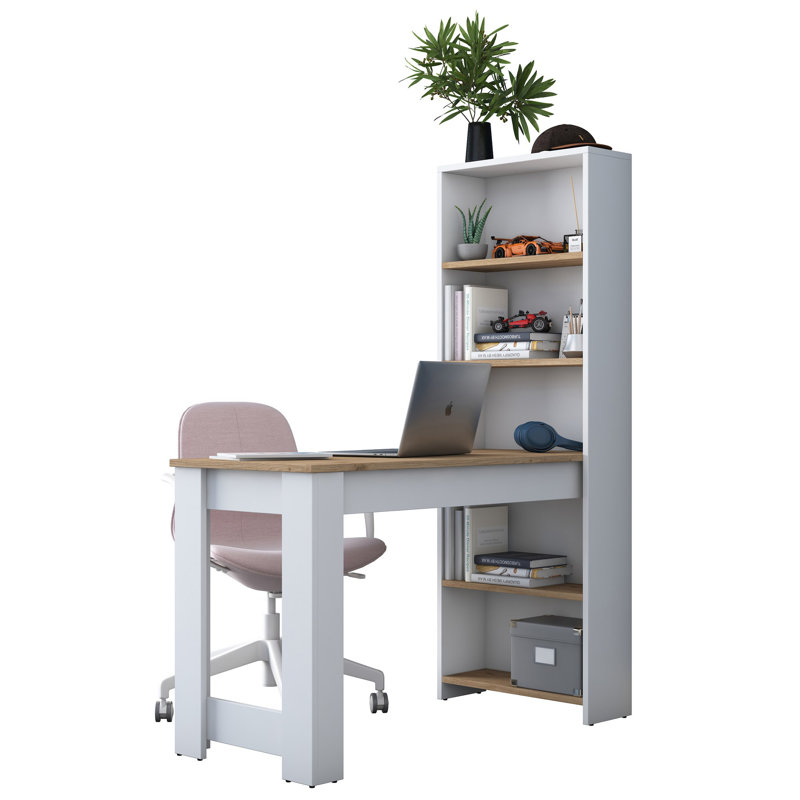 Modern Study Desk with Wall-Mount Option, White & Walnut Finish, 35.4 x 60.6 x 21.2 inches | 100% Melamine Coated E1 Quality Chipboard, Multiple Shelves for Storage | Stylish & Functional Design for Home Office