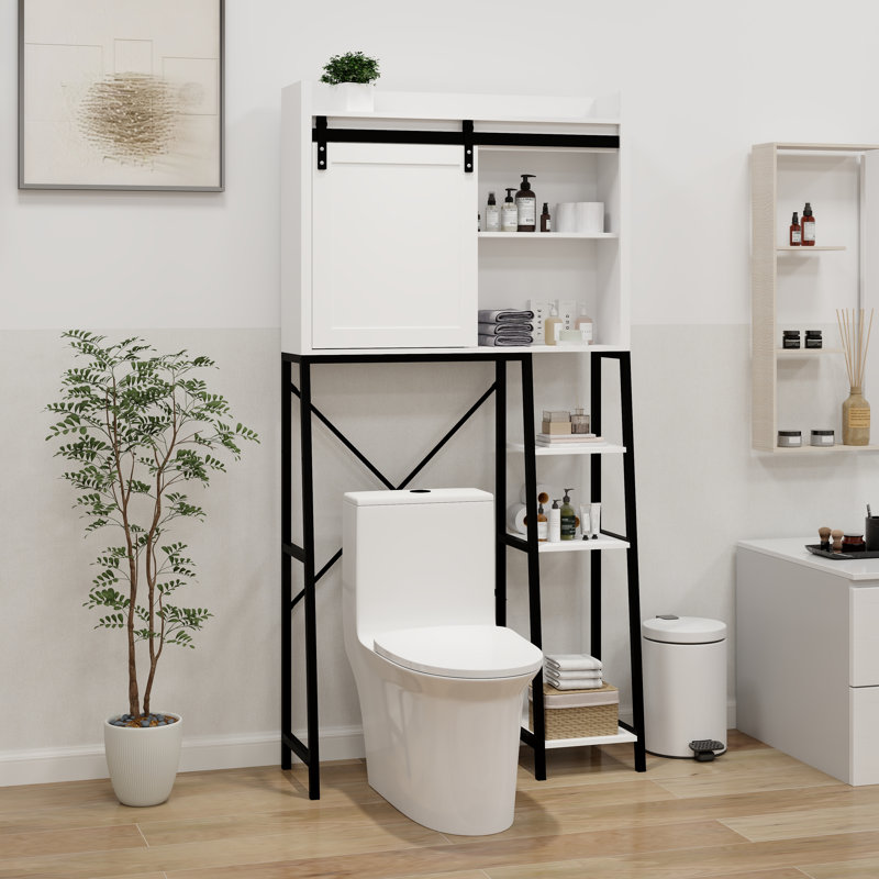 Armoire de rangement au-dessus de la toilette, tablettes de salle de bain au-dessus de la toilette avec porte de grange coulissante, tablettes réglables et support de rangement latéral - blanc