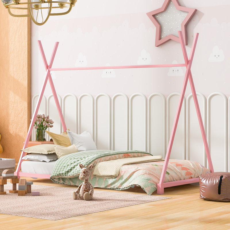 Lit plateforme en métal avec structure triangulaire, rose, Pink