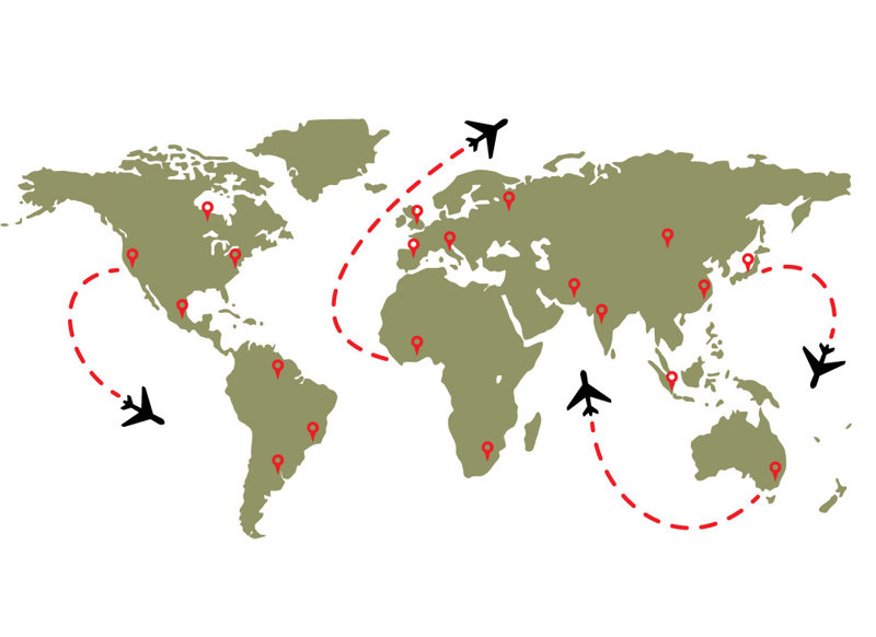 Décalcomanie murale carte de vol de monde de voyage, H 21 po x l 42 po x P 0,01 po, Olive
