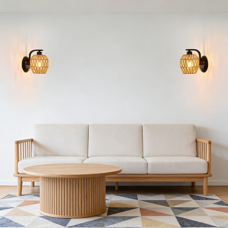 Boho Rattan Wall Sconces Set Of Two With Dimmable Switch, Hand-Woven Farmhouse Wall Lamp For Bedroom, Bathroom, Living Room, Hardwired Indoor Wall Light, E26 Base