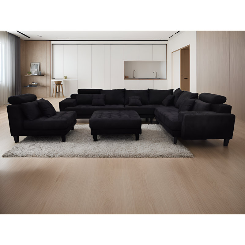 Mandey Upholstered Sectional Reversible, Black Microfiber/Microsuede