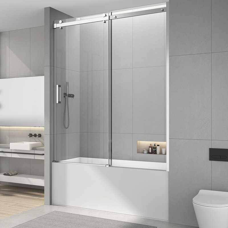60" W x 60" H Single Sliding Frameless Tub Door with 5/16"(8mm) Clear Tempered Glass, Chrome
