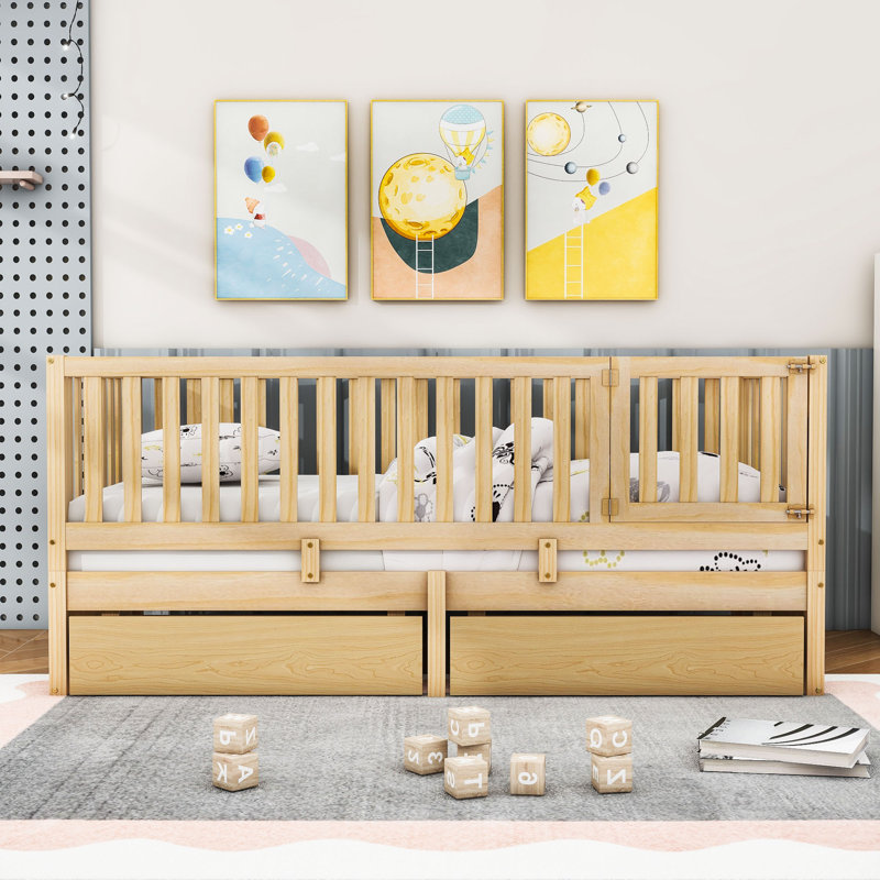 Lit de rangement en bois avec garde-corps et 2 tiroirs, Simple, Naturel