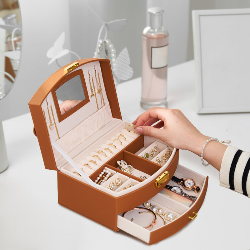 Boîte de rangement pour bijoux à 2 couches avec miroir