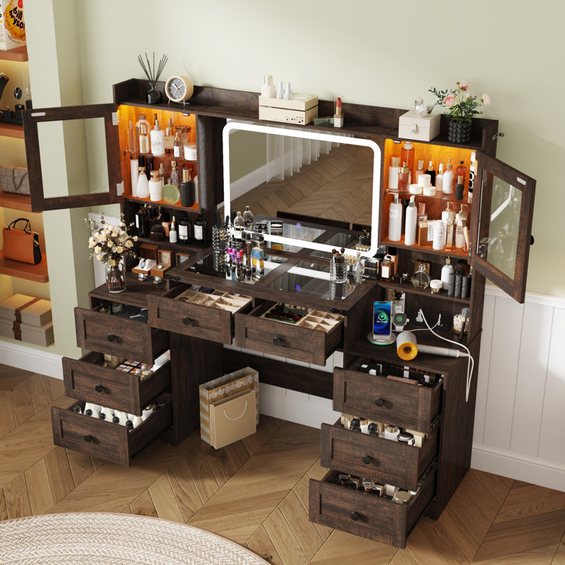 Bureau de meuble-lavabo 60 po avec miroir lumineux, plateau en verre trempé, prise de courant, 8 tiroirs et 2 armoires lumineuses RVB