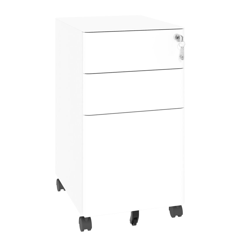 White 3 Mobile File Cabinet With Lock, All Metal Storage On Wheels, Office Storage, Two Shallow & One Deep Drawer, Fully Assembled, , 110Lbs/Drawer, Quick Setup Organization Helper, Easy