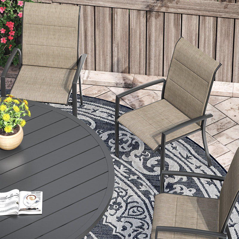 Ensemble de salle à manger de patio avec table de salle à manger ronde 47,2 po et 6 chaises rembourrées en textilène