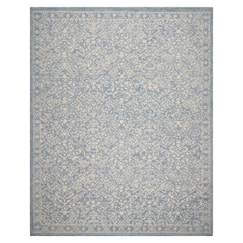 Blue Hand Hooked Wool Rug with Full-Surface Transitional Motif, Rectangle 5' x 8'